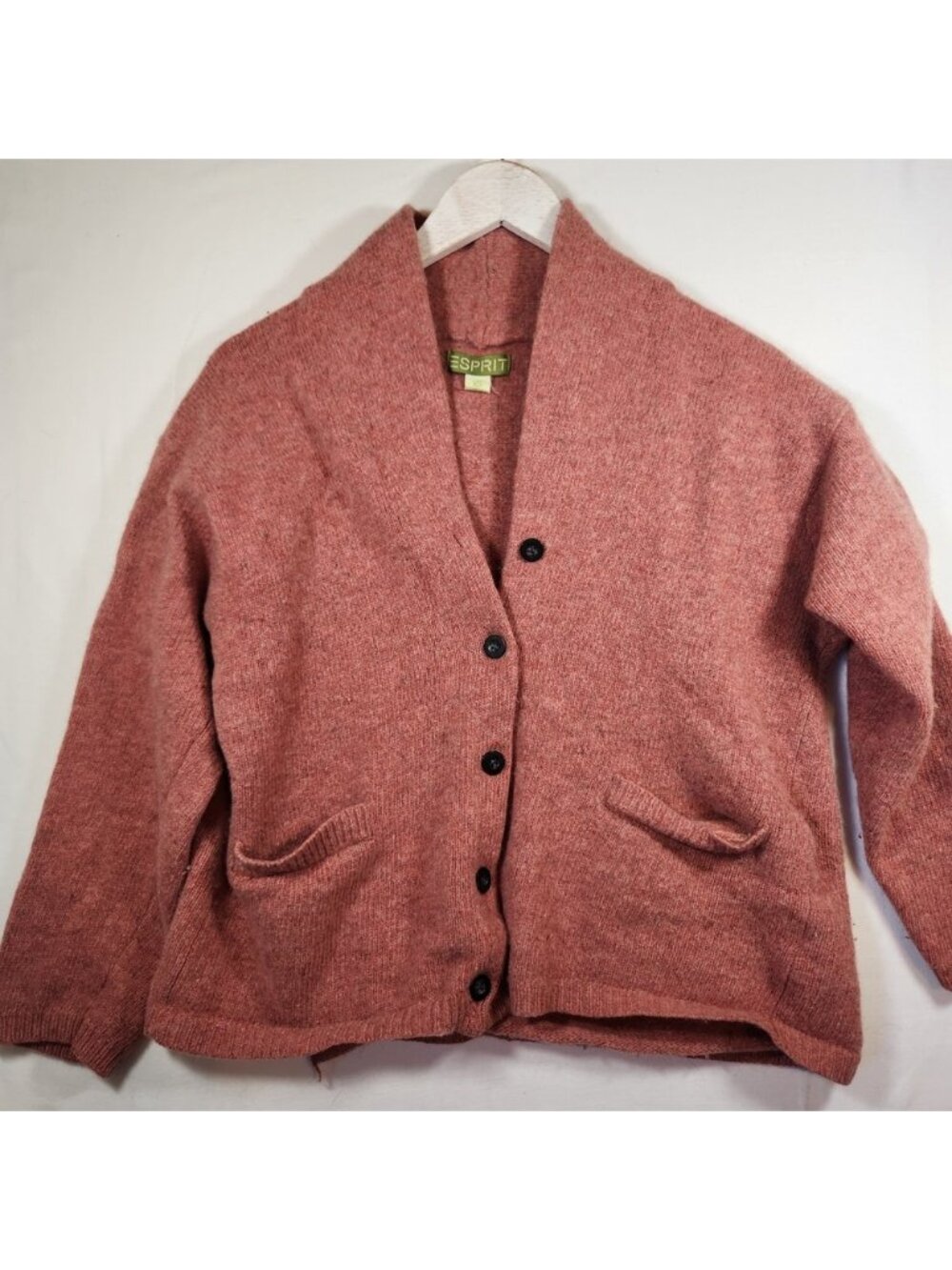 Esprit Womens Lambswool Blend Shawl‎ Collar Cardigan Sweater Pink Size XS Pocket